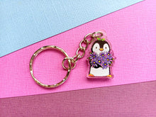 Load image into Gallery viewer, Penguin and flowers mini recycled acrylic keyring
