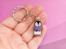 Load image into Gallery viewer, Penguin and flowers mini recycled acrylic keyring
