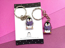Load image into Gallery viewer, Penguin and flowers mini recycled acrylic keyring
