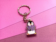 Load image into Gallery viewer, Penguin and flowers mini recycled acrylic keyring
