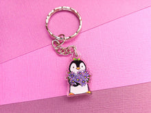 Load image into Gallery viewer, Penguin and flowers mini recycled acrylic keyring
