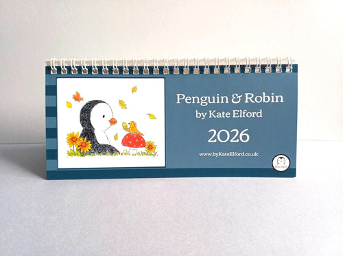 2026 calendar with penguin and robin illustration on a white background