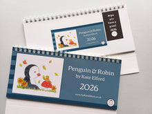 Load image into Gallery viewer, 2026 penguin and robin desk calendar - small desk calendar - free standing calendar - calendar to view - penguin and robin calendar
