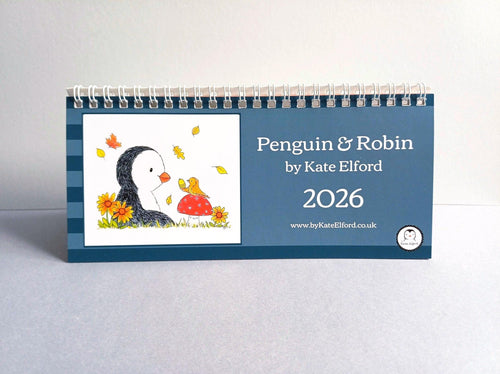 2026 calendar with penguin and robin illustration on a white background