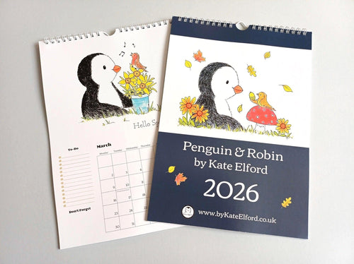 2026 penguin and robin A4 wall calendar SECONDS - A4 Wall Calendar - Penguin And Robin Calendar - Spiral Binding Calendar