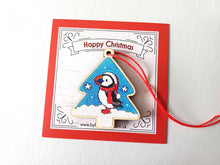 Load image into Gallery viewer, Puffin Christmas tree decoration - Wooden Christmas Ornament - Small Tree Decoration - Lightweight Puffin Decoration - Red Thread Ornament
