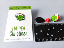 Load image into Gallery viewer, Ha pea Christmas, pea of positivity enamel pin - Pea Enamel Pin - Positive Words Display Card - Minor Flaws Enamel Pin - Wearable Enamel Pin
