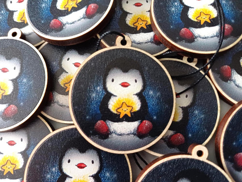 Penguin and star, small Christmas decoration - Wooden Christmas Ornament - Small Decoration For Year-Round Display