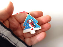 Load image into Gallery viewer, Puffin Christmas tree decoration - Wooden Christmas Ornament - Small Tree Decoration - Lightweight Puffin Decoration - Red Thread Ornament
