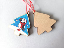 Load image into Gallery viewer, Puffin Christmas tree decoration - Wooden Christmas Ornament - Small Tree Decoration - Lightweight Puffin Decoration - Red Thread Ornament
