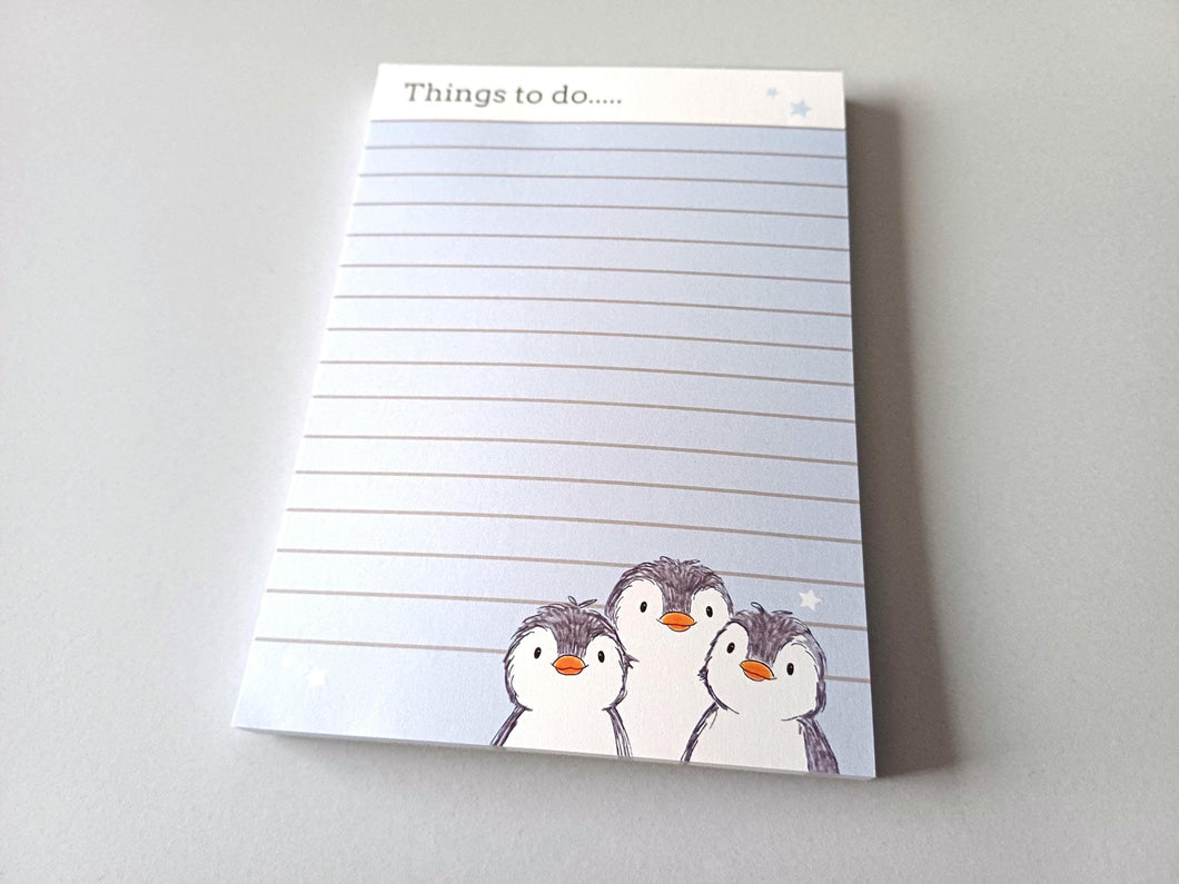 Penguin A6 notepad, things to do - A6 Note Pad - Blue And White Jotter - Penguin Design Notepad - High-Quality Paper Notepad