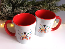Load image into Gallery viewer, Christmas Penguin and gingerbread mug - Ceramic Mug - Dishwasher Safe Mug - Penguin Design Mug - Red Handle Mug - Holiday Gift Mug
