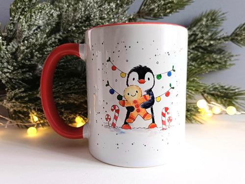 Christmas Penguin and gingerbread mug - Ceramic Mug - Dishwasher Safe Mug - Penguin Design Mug - Red Handle Mug - Holiday Gift Mug