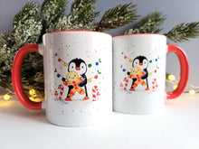 Load image into Gallery viewer, Christmas Penguin and gingerbread mug - Ceramic Mug - Dishwasher Safe Mug - Penguin Design Mug - Red Handle Mug - Holiday Gift Mug
