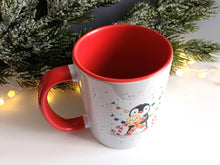 Load image into Gallery viewer, Christmas Penguin and gingerbread mug - Ceramic Mug - Dishwasher Safe Mug - Penguin Design Mug - Red Handle Mug - Holiday Gift Mug
