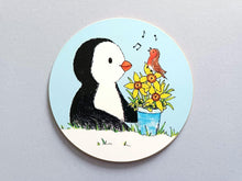 Load image into Gallery viewer, Penguin and Robin Coaster - Spring Theme, Daffodil Table Mat
