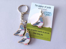 Load image into Gallery viewer, Mini Pigeon of Pride Keyring - Mini Wooden Pigeon Key Fob, Eco Friendly Wood, Positive Gift
