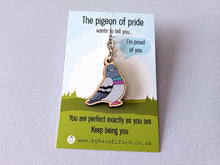Load image into Gallery viewer, Mini Pigeon of Pride Keyring - Mini Wooden Pigeon Key Fob, Eco Friendly Wood, Positive Gift
