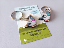Load image into Gallery viewer, Mini Pigeon of Pride Keyring - Mini Wooden Pigeon Key Fob, Eco Friendly Wood, Positive Gift
