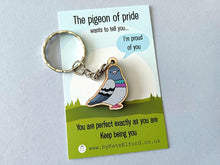 Load image into Gallery viewer, Mini Pigeon of Pride Keyring - Mini Wooden Pigeon Key Fob, Eco Friendly Wood, Positive Gift
