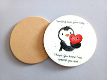 Load image into Gallery viewer, Penguin and Heart Round Coaster - Sending Love Your Way - I Hope You Know How Special You Are
