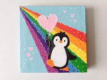 Load image into Gallery viewer, Penguin, rainbow and balloon mini painting, original
