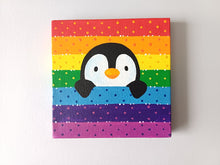 Load image into Gallery viewer, Peeking penguin, rainbow, mini painting, original

