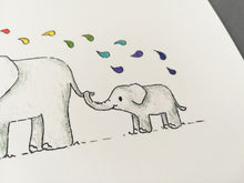 Load image into Gallery viewer, Baby elephant holding mummy elephants tail in its trunk. Cute print

