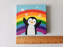 Load image into Gallery viewer, Hello penguin, rainbow and stars, mini painting, original
