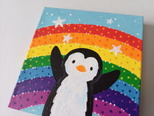 Load image into Gallery viewer, Hello penguin, rainbow and stars, mini painting, original
