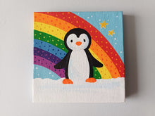 Load image into Gallery viewer, Penguin, rainbow, and stars, mini painting, original
