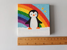 Load image into Gallery viewer, Penguin, rainbow, and stars, mini painting, original

