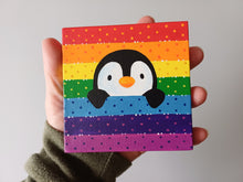 Load image into Gallery viewer, Peeking penguin, rainbow, mini painting, original
