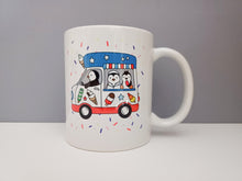 Load image into Gallery viewer, A mug with penguins working in an ice cream van design 
