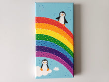 Load image into Gallery viewer, Penguins, clouds and rainbow, small painting, original
