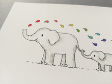 Load image into Gallery viewer, Close up of an elephant print, the elephant is squirting rainbow colour drops from it&#39;s trunk
