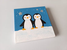 Load image into Gallery viewer, Penguins mini painting, blue sky, glitter stars, original
