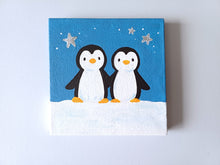 Load image into Gallery viewer, Penguins mini painting, blue sky, glitter stars, original
