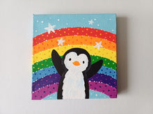 Load image into Gallery viewer, Hello penguin, rainbow and stars, mini painting, original
