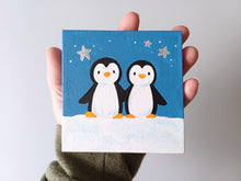 Load image into Gallery viewer, Penguins mini painting, blue sky, glitter stars, original
