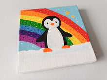 Load image into Gallery viewer, Penguin, rainbow, and stars, mini painting, original
