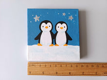 Load image into Gallery viewer, Penguins mini painting, blue sky, glitter stars, original
