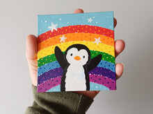 Load image into Gallery viewer, Hello penguin, rainbow and stars, mini painting, original

