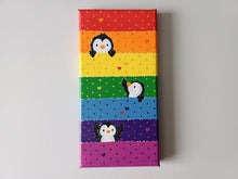 Load image into Gallery viewer, Penguins, hearts and rainbow, small painting, original
