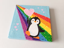 Load image into Gallery viewer, Penguin, rainbow and balloon mini painting, original
