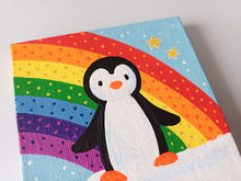 Load image into Gallery viewer, Penguin, rainbow, and stars, mini painting, original
