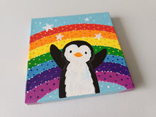 Load image into Gallery viewer, Hello penguin, rainbow and stars, mini painting, original
