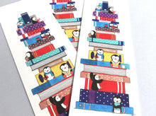 Load image into Gallery viewer, Penguin bookmark, penguins on a pile of books, reading gift, book lover, book worm
