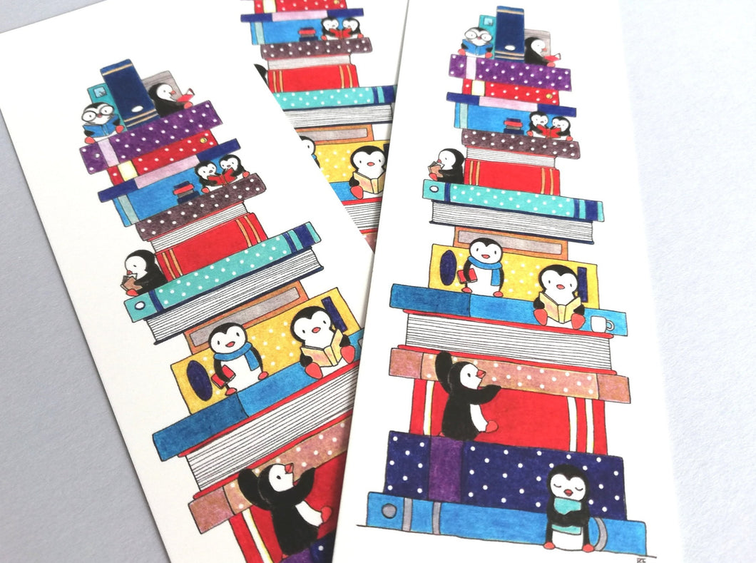 Penguin bookmark, penguins on a pile of books, reading gift, book lover, book worm