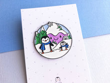 Load image into Gallery viewer, Penguin enamel pin, snow and mountains
